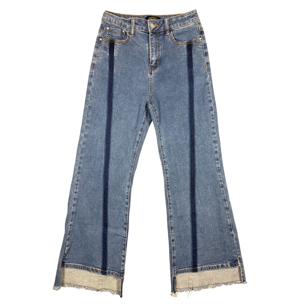 Cider‎ Womens Blue Two Tone Striped High Rise Flare Jeans Frayed Step Hem Size L